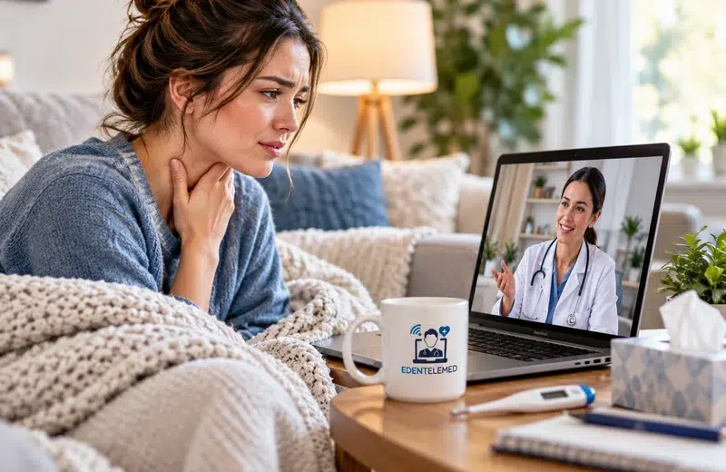 Woman with sore throat symptoms on a video visit with a clinician, with tissues and thermometer nearby