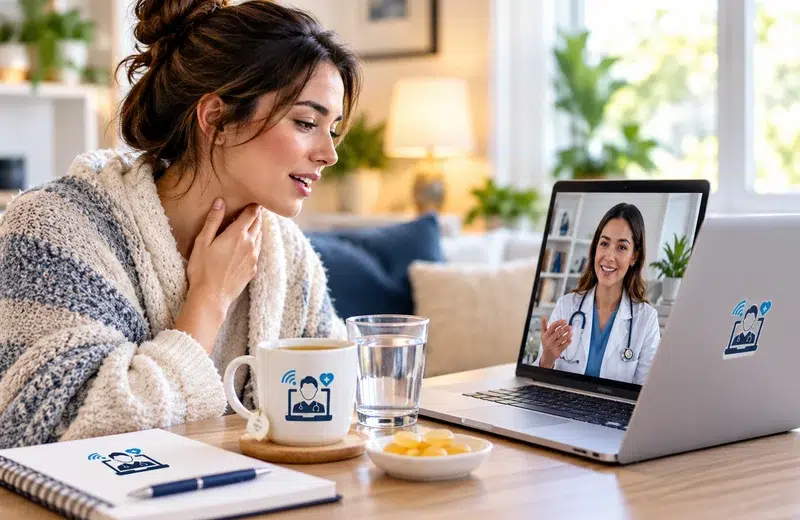 Woman holding her throat during a virtual sore throat consultation with a clinician on laptop video